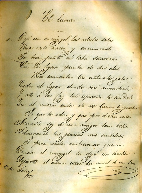 Foto de Manuscrito del poema “El lunar” dedicado a su esposa. Colección Zenea, Fondos de Manuscritos, BNCJM